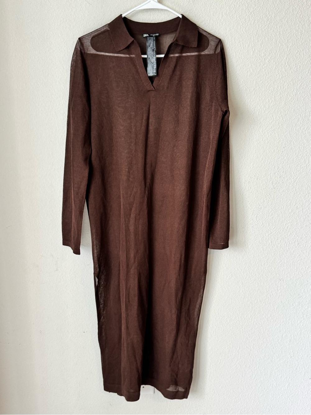 Zara Brown Sheer Knit Polo Midi Dress V-Neck Long Sleeve Small